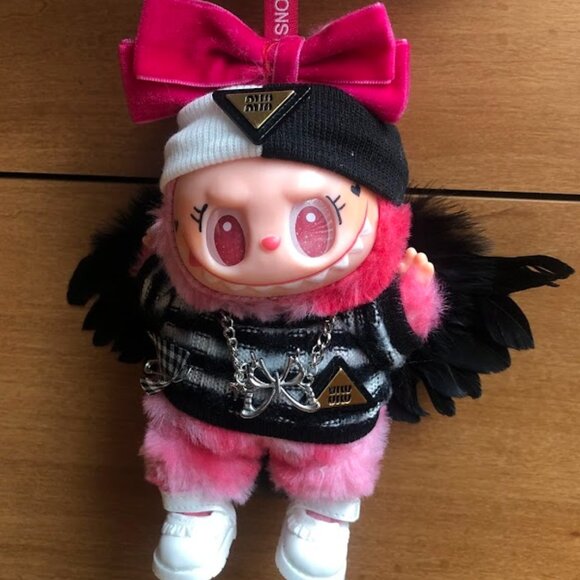 Handmade Labubu Lafufu Pink Red Plush Doll Keychain Accessory - Picture 4 of 6